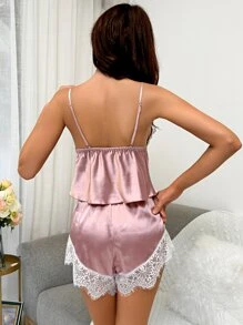 Lace Trim Satin Cami Top & Shorts Night Set - Dusty Pink - View 4