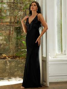 Missord Đầm Lộ Lưng Tương phản Mesh mép Dây kéo màu trơn Buổi tiệc - màu đen - Xem 3