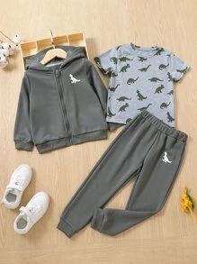 小男童恐龍印花拉鍊連帽衫和衛褲和T恤 - 深灰色 - 查看 1