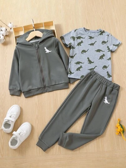 小男童恐龍印花拉鍊連帽衫和衛褲和T恤