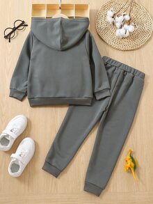 小男童恐龍印花拉鍊連帽衫和衛褲和T恤 - 深灰色 - 查看 2