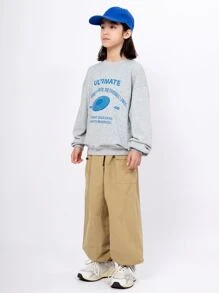 Chicos Sudadera con estampado de slogan de hombros caídos - Gris Claro - Ver 5