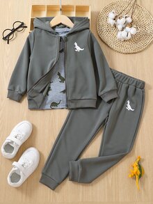 小男童恐龍印花拉鍊連帽衫和衛褲和T恤 - 深灰色 - 查看 3