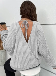 SHEIN LUNE Plus Tie Back Batwing Sleeve Sweatshirt - Light Grey - View 5