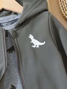 小男童恐龍印花拉鍊連帽衫和衛褲和T恤 - 深灰色 - 查看 4