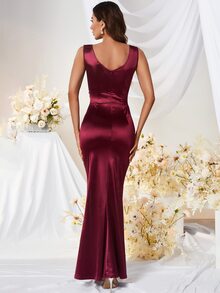 MUXXN 交叉领口开衩缎面连衣裙，优雅正式晚礼服，适合婚礼宾客、毕业典礼、晚宴、派对等场合，春季穿着。 - 酒紅色 - 查看 2