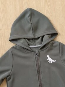 小男童恐龍印花拉鍊連帽衫和衛褲和T恤 - 深灰色 - 查看 5