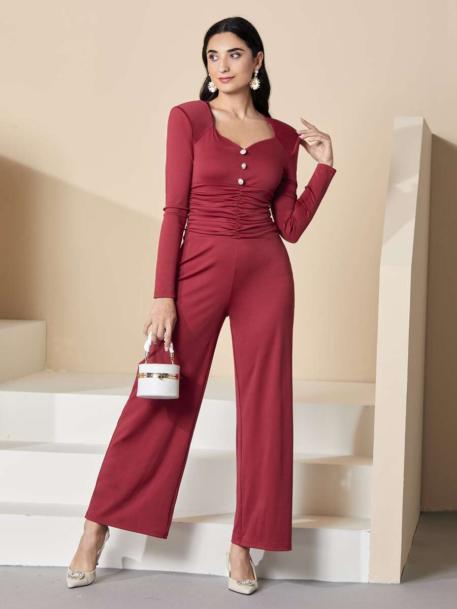 Modelyn Burgundy Red Sweetheart Neck Ruched Wide Leg Jumpsuit - Burgundy - View 1