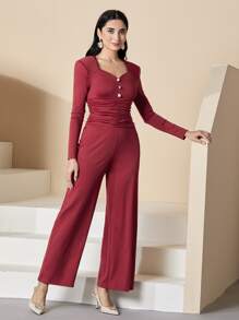 Modelyn Burgundy Red Sweetheart Neck Ruched Wide Leg Jumpsuit - Burgundy - View 5