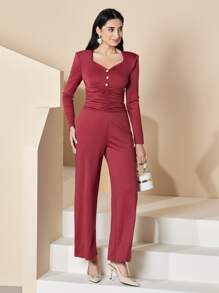 Modelyn Burgundy Red Sweetheart Neck Ruched Wide Leg Jumpsuit - Burgundy - View 6