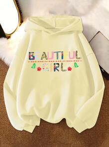 Tween Girl Letter Graphic Drop Shoulder Sweatshirt - Beige - View 1