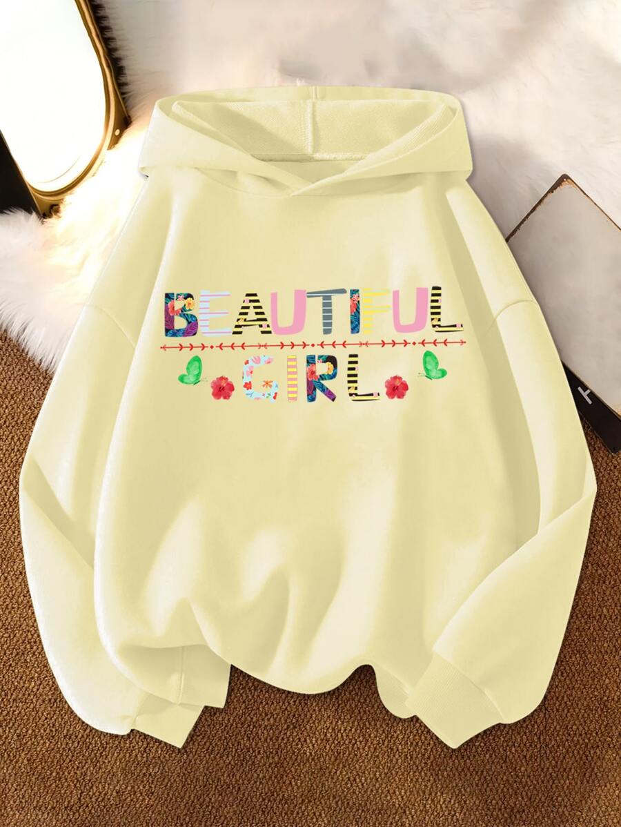 Tween Girl Letter Graphic Drop Shoulder Sweatshirt - Beige - View 1