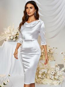 MUXXN Đầm Vắt Chia Dây kéo màu trơn Thanh lịch - trắng - Xem 4