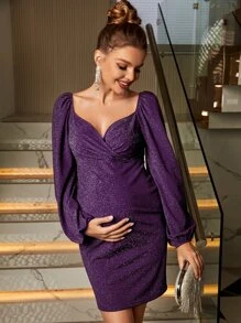 SHEIN 孕婦燈籠袖圍裹下擺亮片洋裝