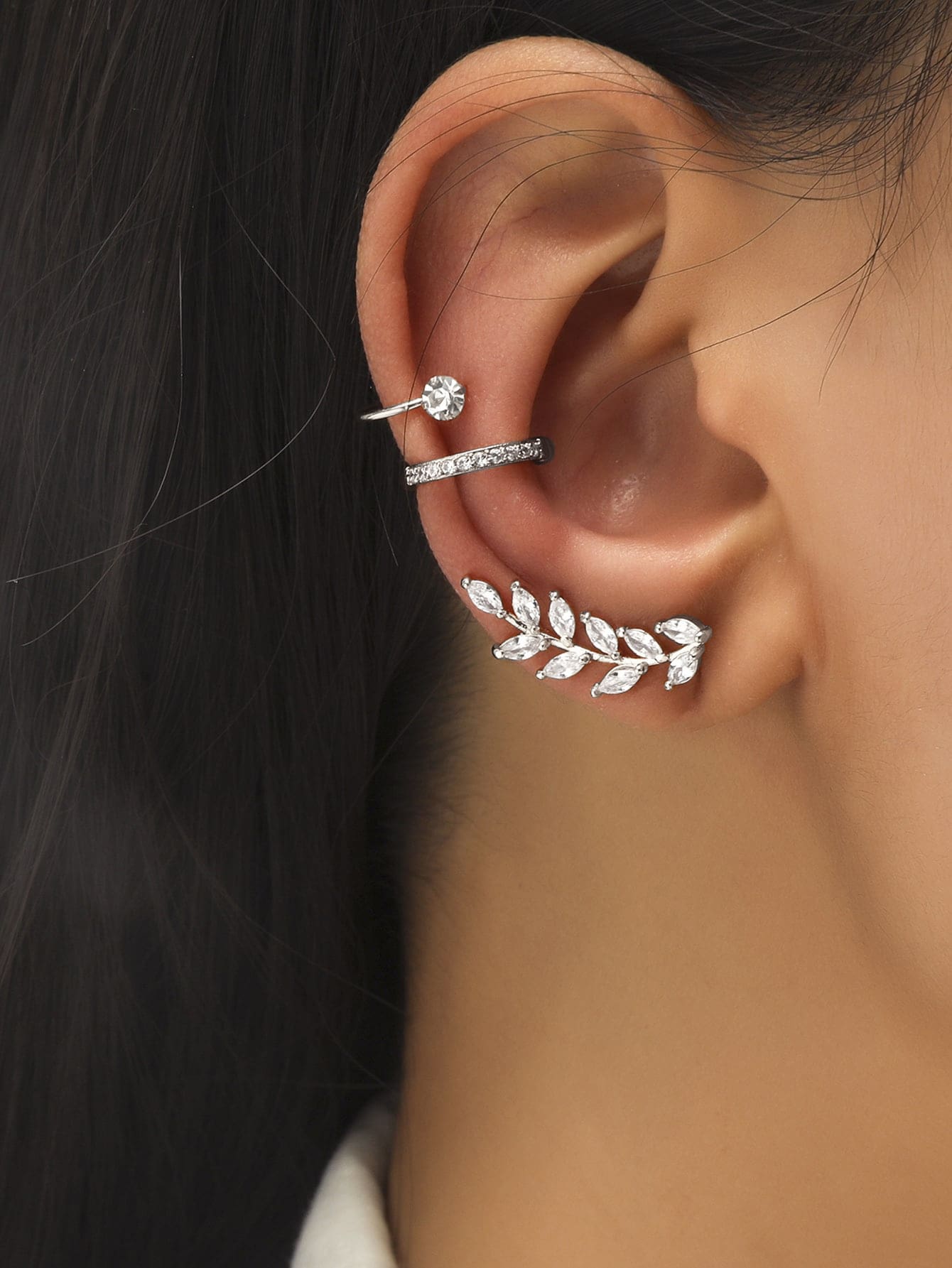 3 chiếc Kẹp Tai Lá Zirconia & Kim Cương Giả Thời Trang Mới Thời Trang Đơn Giản Dành Cho Nữ, Thích Hợp Cho Tiệc, Tiệc, Mặc Hàng Ngày - Bạc - Xem 1