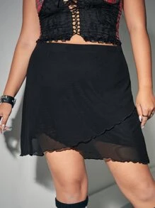 ROMWE Fairycore Plus Lettuce Trim Tulip Hem Skirt - Black - View 4