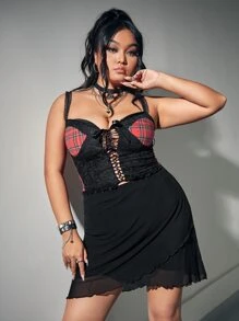 ROMWE Fairycore Plus Lettuce Trim Tulip Hem Skirt - Black - View 6