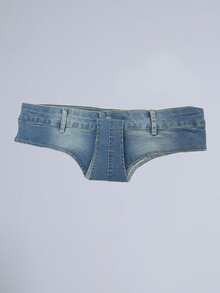 Letter Patch Detail Denim Booty Shorts - Medium Wash - View 4