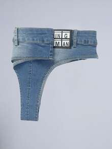 Letter Patch Detail Denim Booty Shorts - Medium Wash - View 5