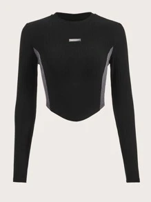 SHEIN EZwear Đen Chất rắn Đồ đan Ribbed Áo thun - màu đen - Xem 2