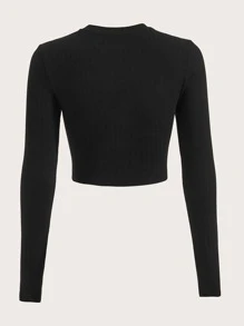 SHEIN EZwear Đen Chất rắn Đồ đan Ribbed Áo thun - màu đen - Xem 3