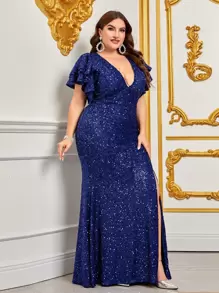 Đầm Plus Size Tách cao phân lớp Dây kéo màu trơn Buổi tiệc - Màu xanh hải quân - Xem 5