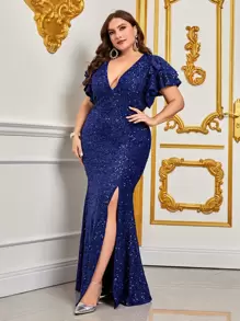 Đầm Plus Size Tách cao phân lớp Dây kéo màu trơn Buổi tiệc - Màu xanh hải quân - Xem 6