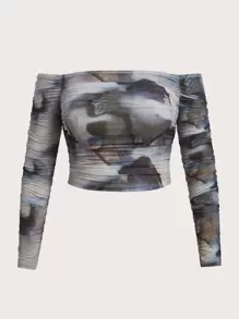 SHEIN ICON 大碼紮染一字肩短款網紗上衣 - 彩色 - 查看 1