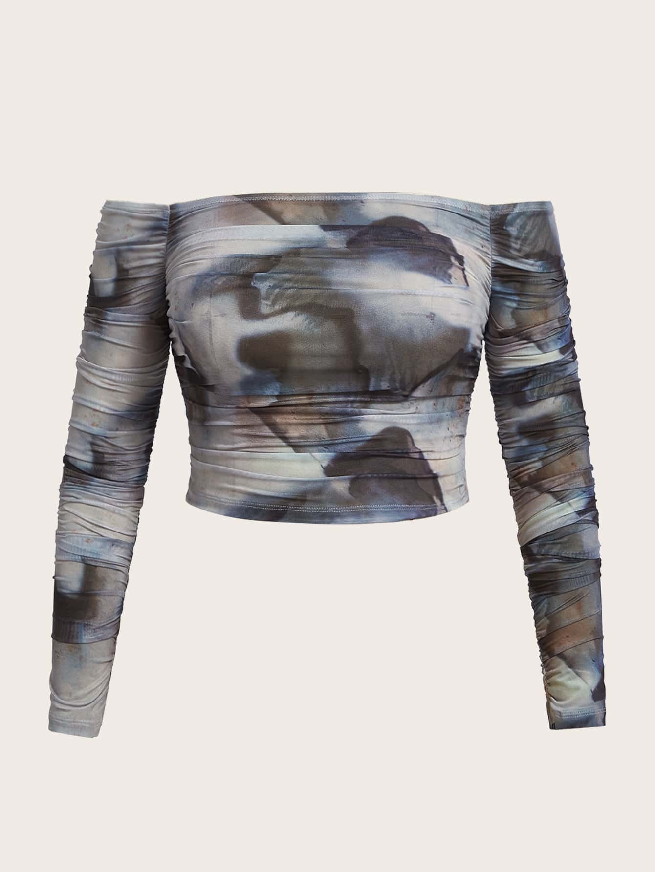 SHEIN ICON 大碼紮染一字肩短款網紗上衣 - 彩色 - 查看 1