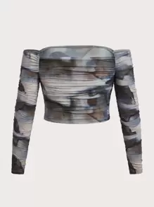 SHEIN ICON 大碼紮染一字肩短款網紗上衣 - 彩色 - 查看 2