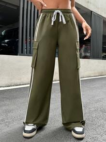 SHEIN ICON Contrast Tape Side Drawstring Waist Cargo Trousers - Army Green - View 3