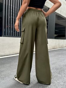 SHEIN ICON Contrast Tape Side Drawstring Waist Cargo Trousers - Army Green - View 2