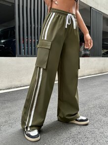 SHEIN ICON Contrast Tape Side Drawstring Waist Cargo Trousers - Army Green - View 1