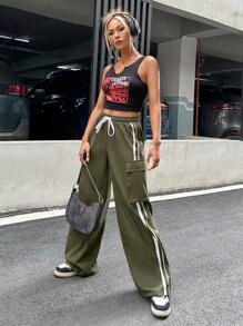 SHEIN ICON Contrast Tape Side Drawstring Waist Cargo Trousers - Army Green - View 5