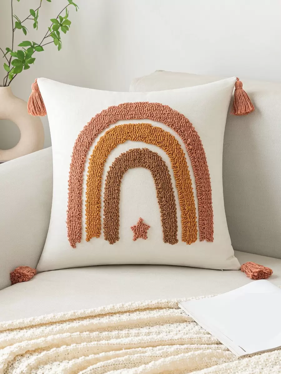 1pc Plush Star & Rainbow Pattern Decorative Cushion Cover With Tassels - Multicolor - View 1