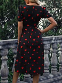 Chiquease Vestido con estampado de corazón pecho con fruncido de muslo con abertura - Negro - Ver 2