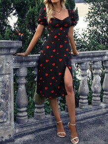 Chiquease Vestido con estampado de corazón pecho con fruncido de muslo con abertura - Negro - Ver 3