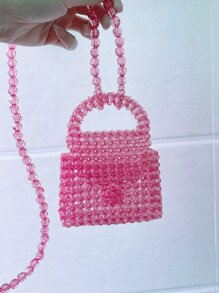 Túi khóa mini có tay cầm đính cườm acrylic, túi đeo chéo hoặc đeo vai - Màu Hồng baby - Xem 8