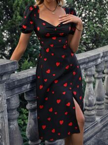 Chiquease Vestido con estampado de corazón pecho con fruncido de muslo con abertura - Negro - Ver 4