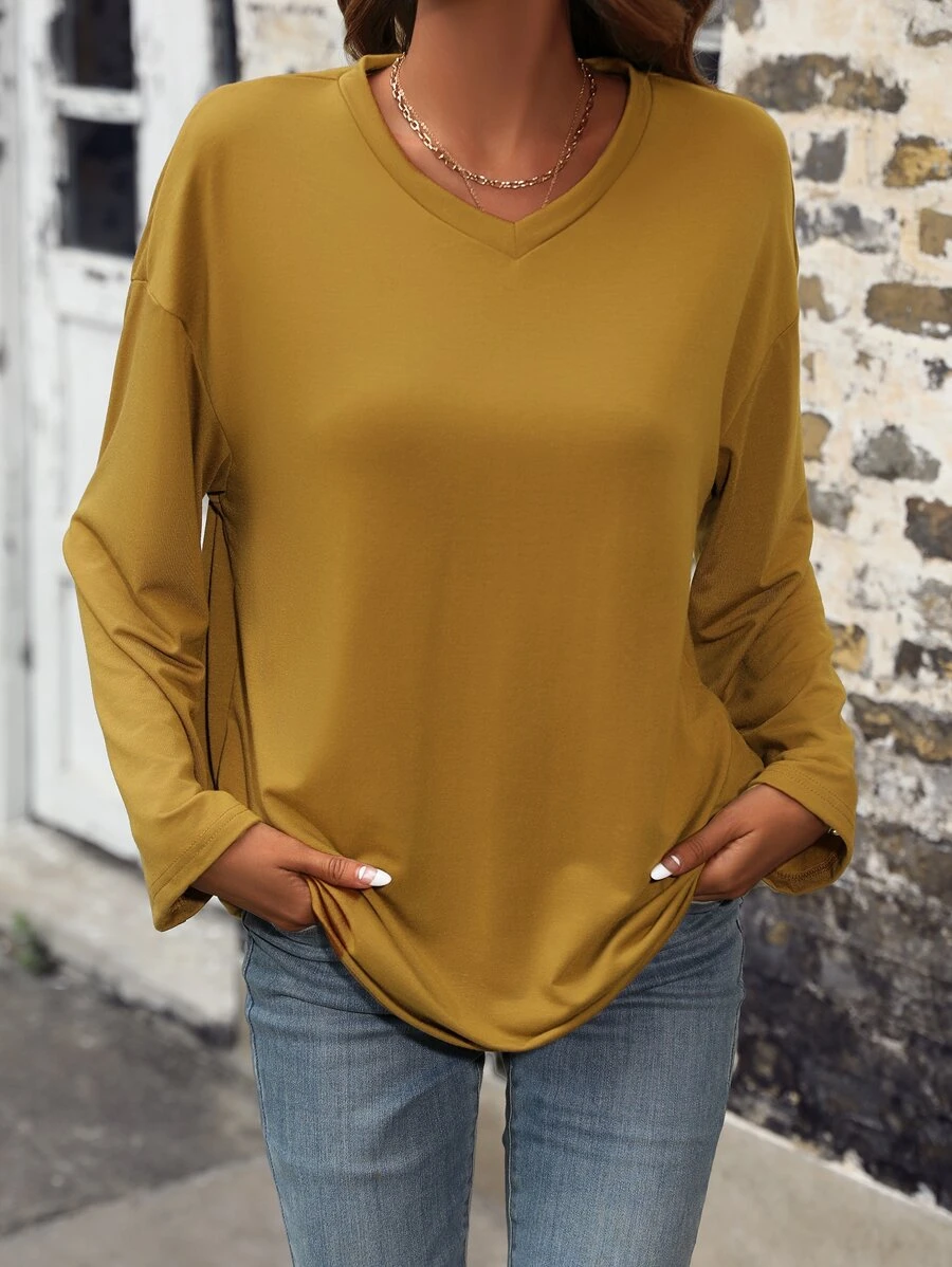 SHEIN LUNE Camiseta unicolor de hombros caídos de cuello V - Amarillo Mostaza - Ver 1