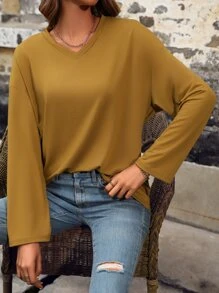 SHEIN LUNE Camiseta unicolor de hombros caídos de cuello V - Amarillo Mostaza - Ver 6