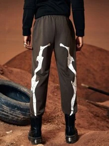 ROMWE MEN Hombres Pantalones deportivos con estampado de letra - Café integral - Ver 2