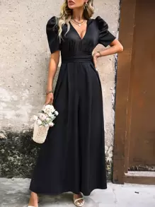 SHEIN LUNE Plunge Neck Puff Sleeve Wide Leg Jumpsuit - Black - View 3