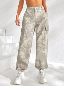 Floral Print Flap Pocket Cargo Jeans - Light Grey - View 1