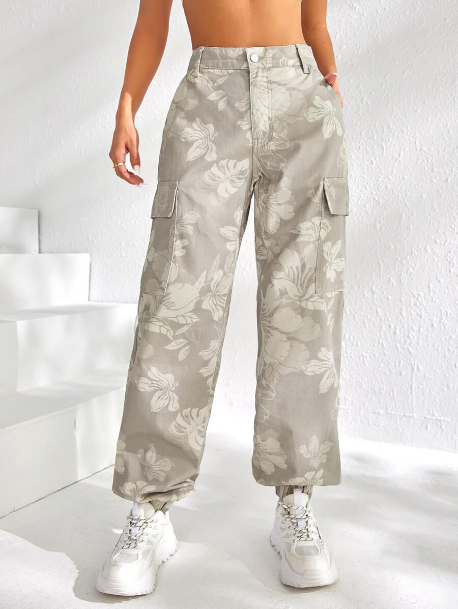 Floral Print Flap Pocket Cargo Jeans - Light Grey - View 1