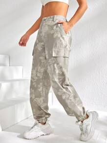 Floral Print Flap Pocket Cargo Jeans - Light Grey - View 3