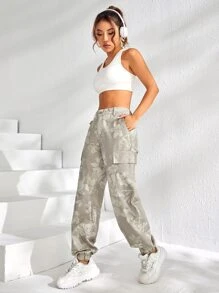 Floral Print Flap Pocket Cargo Jeans - Light Grey - View 4