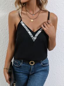 SHEIN LUNE Top de tirantes con lentejuela en contraste - Negro - Ver 3