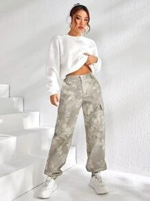 Floral Print Flap Pocket Cargo Jeans - Light Grey - View 5