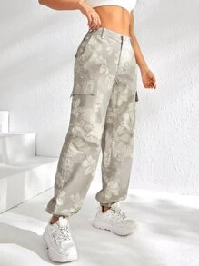 Floral Print Flap Pocket Cargo Jeans - Light Grey - View 6